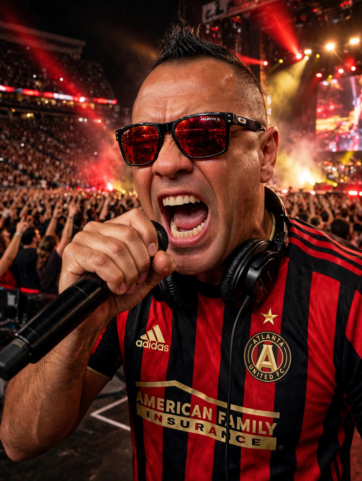 The Roast King Moe Train performing before a packed arena crowd