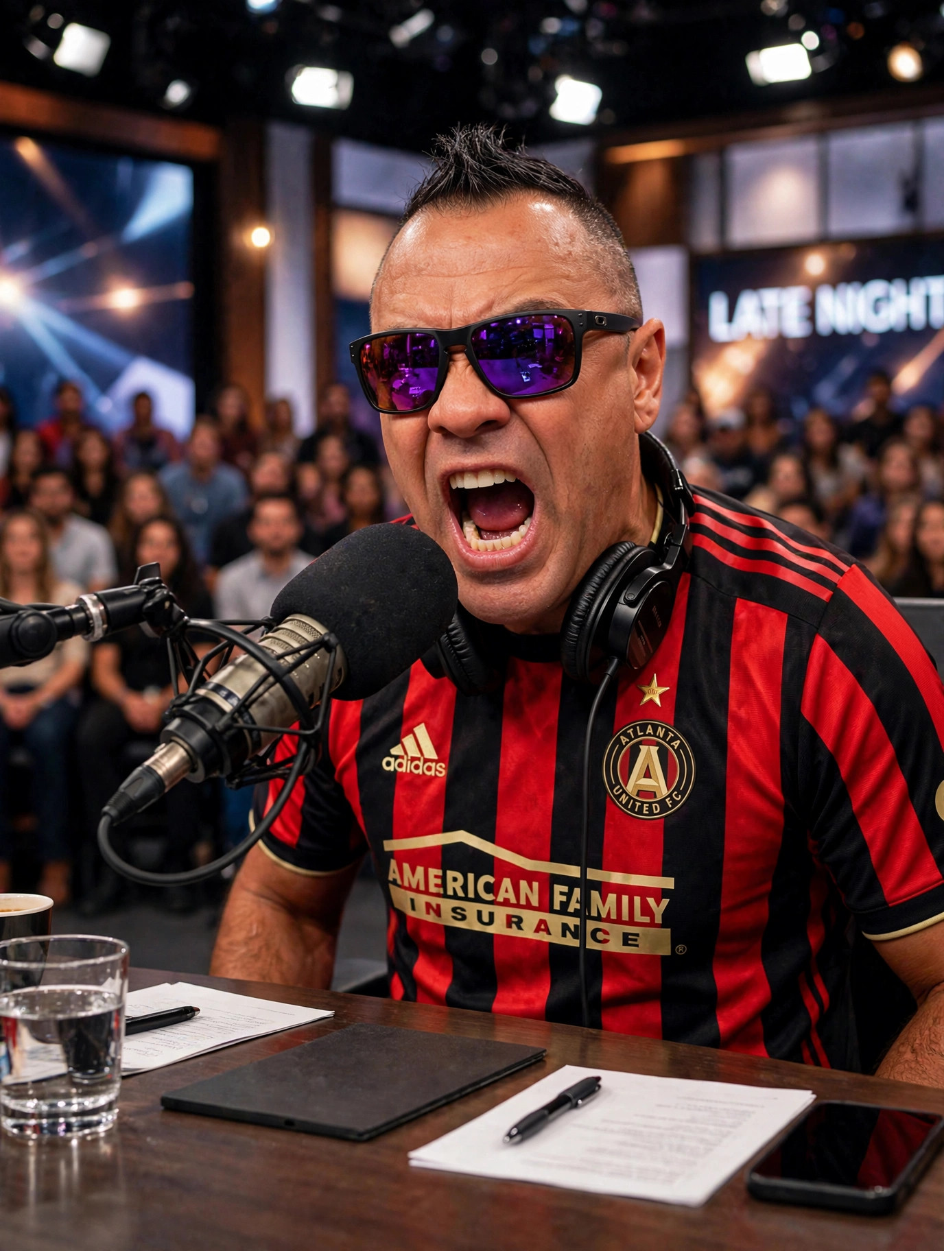 The Roast King Moe Train shouting across a late-night talk show desk