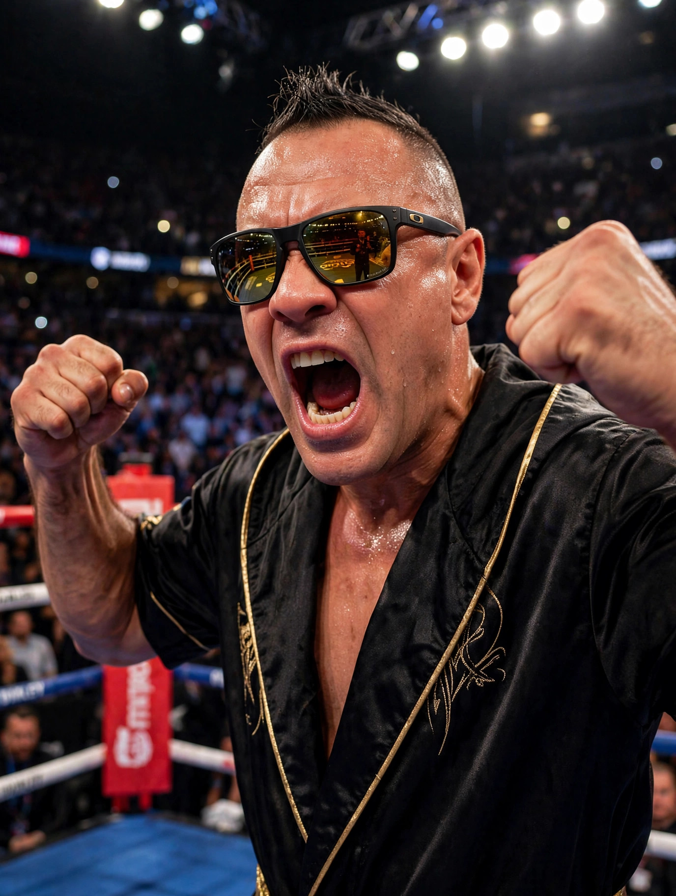 The Roast King Moe Train holding a microphone in a boxing ring